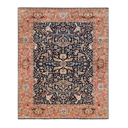 Midnight Blue Antiqued Heriz Re-Creation with All Over Design Extra Soft Wool Hand Knotted Oriental Rug