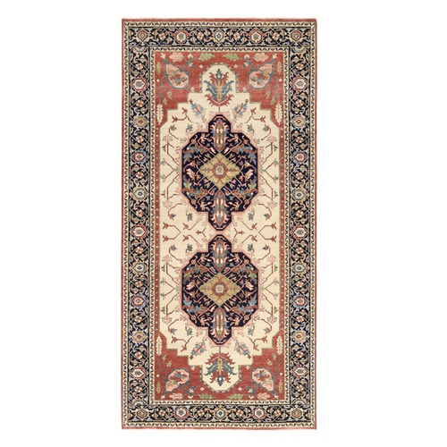 Beige Heriz Revival with Double Medallions Design Soft Pliable Wool Hand Knotted Oriental Gallery Size 