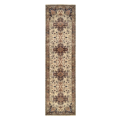Beige Antiqued Heriz Re-Creation with Geometric Medallions Extra Soft Wool Hand Knotted Oriental Runner Rug