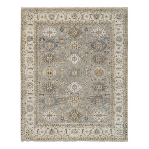 Gray with Tribal Medallions, Hand Knotted, Karajeh Design, Pure Wool Oriental Rug