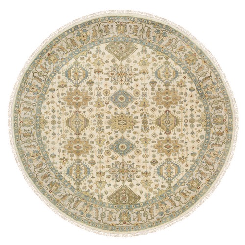 Ivory, Hand Knotted with Soft Colors, Karajeh Design, Soft Pure Wool, Oriental Round Rug