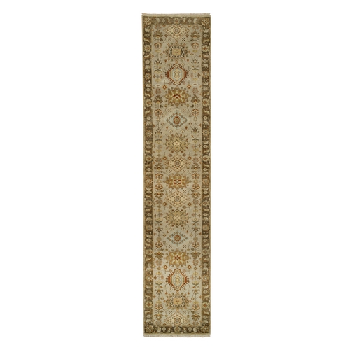 Beige Karajeh Design with Tribal Medallions, Hand Knotted, Soft and Pure Wool Oriental Runner Rug