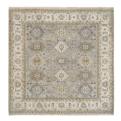 Gray, Karajeh Design with Tribal Medallions, Hand Knotted, Soft Pure Wool Square Oriental Rug