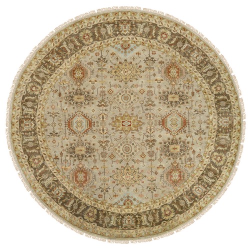 Gray, Karajeh Design with Tribal Medallions, Hand Knotted, Soft Pure Wool Round Oriental Rug