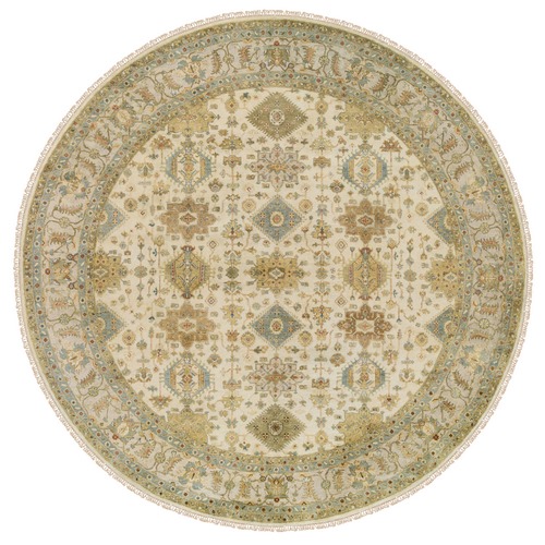 Ivory, Karajeh Design with Soft Colors, Hand Knotted, Pure Wool Oriental Round 