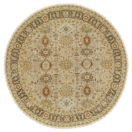 Beige, Karajeh Design with Tribal Medallions, Hand Knotted, Soft Pure Wool Round Oriental Rug