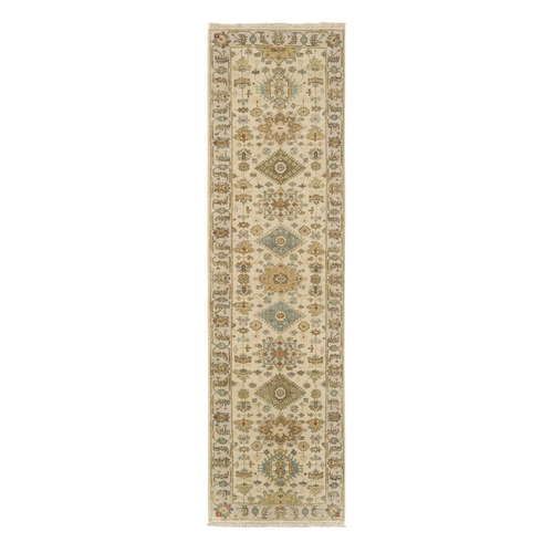 Ivory, Karajeh Design, Soft Pure Wool, Hand Knotted, Oriental Runner Rug