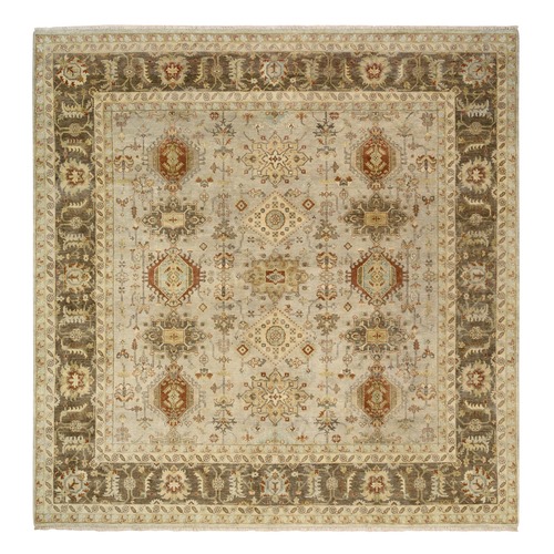 Gray, Soft Wool Hand Knotted, Karajeh Design with Tribal Medallions, Square Oriental Rug
