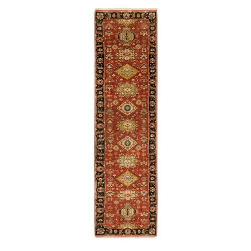 Brick Red, Hand Knotted Karajeh Design with Bold Colors, Organic Wool Runner Oriental 