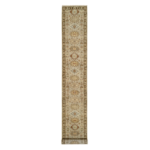 Gray, Karajeh Design with Tribal Medallions Soft Pure Wool, Hand Knotted, XL Runner Oriental Rug