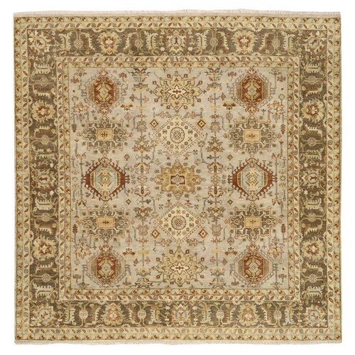 Gray, Hand Knotted Karajeh Design with Tribal Medallions, Pure Wool Square Oriental Rug