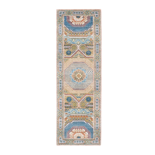 Colorful, Mamluk Design, Textured Wool and Plant Based Silk, Hand Knotted, Oriental, Runner 