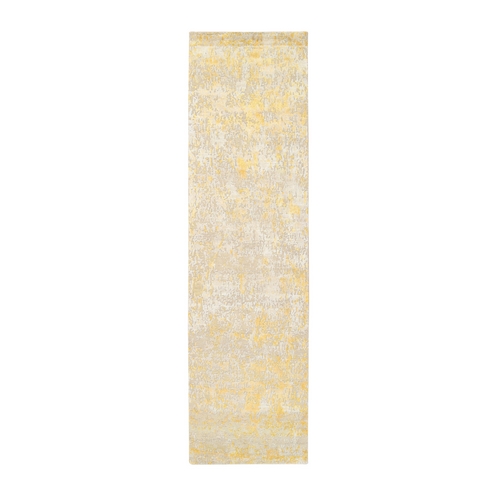 Gold, Abstract Design, Hand Knotted, Hi-Low Pile, Wool and Silk, Runner, Oriental 