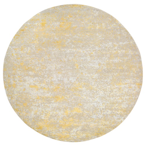 Gold, Hi-Low Pile, Abstract Design, Wool and Silk, Hand Knotted, Round, Oriental Rug