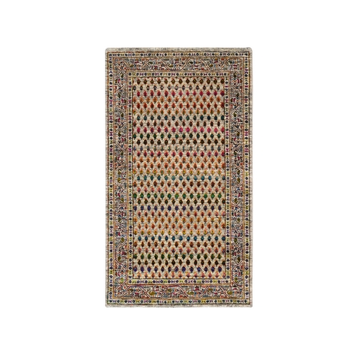Colorful, Hand Knotted, Modern, Sarouk Mir Inspired With Repetitive Boteh Design, Wool And Sari Silk, Oriental Rug