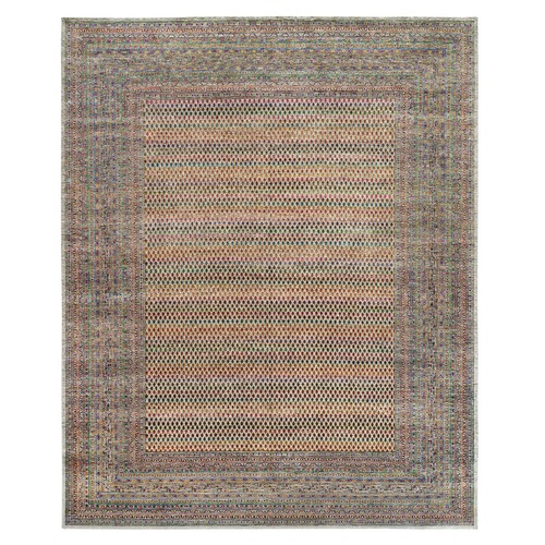 Colorful, Modern, Sarouk Mir Inspired With Repetitive Boteh Design, Wool And Sari Silk, Hand Knotted, Oriental, Oversized Rug
