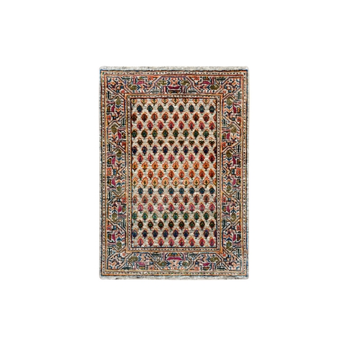 Colorful, Modern, Sarouk Mir Inspired With Repetitive Boteh Design, Wool And Sari Silk, Hand Knotted, Oriental, Mat Rug
