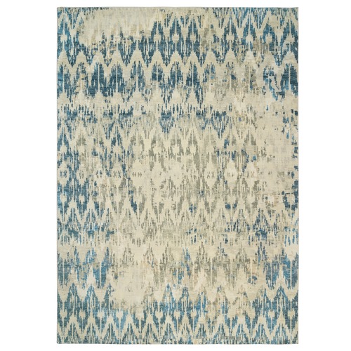 Denim Blue, Thick and Plush Hand Knotted Supple Collection, Erased Ikat Design Pure Wool, Oriental 