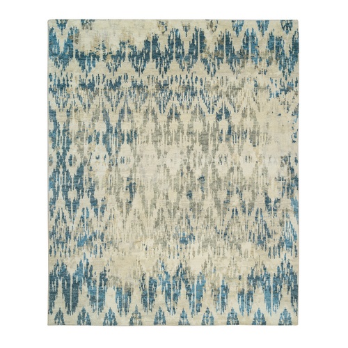 Denim Blue, Supple Collection Erased Ikat Design, Pure Wool Thick and Plush Hand Knotted, Oriental 