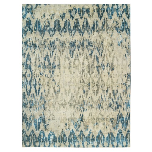 Denim Blue, Hand Knotted Supple Collection Erased Ikat Design, Pure Wool Thick and Plush, Oriental 