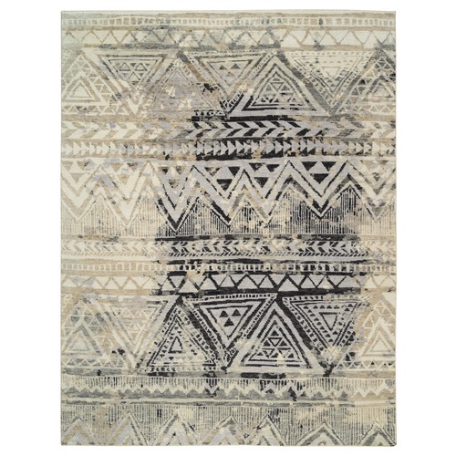 Gray, Supple Collection Erased Ethnic Geometric Design, Pure Wool Thick and Plush Hand Knotted, Oriental 
