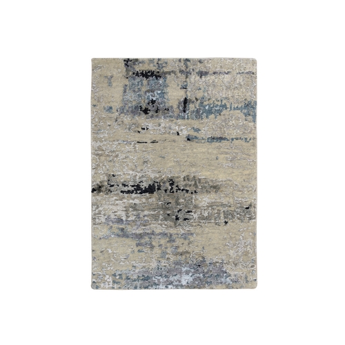 Gray, Modern Abstract Design, Wool and Silk Hand Knotted, Mat Oriental Rug
