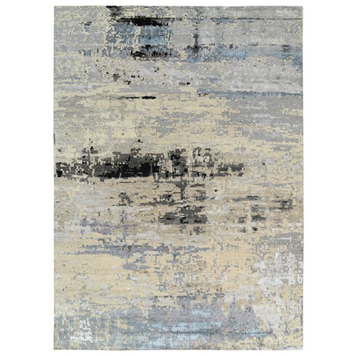 Gray, Wool and Silk Hand Knotted, Modern Abstract Design, Oversized Oriental Rug