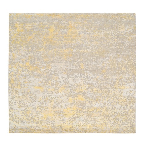 Gold, Hand Knotted Abstract Design, Wool and Silk Hi-Low Pile, Square Oriental Rug