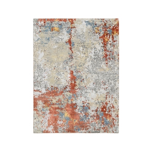 Beige, Abstract With Fire Mosaic Design Wool And Silk, Hand Knotted Oriental Rug