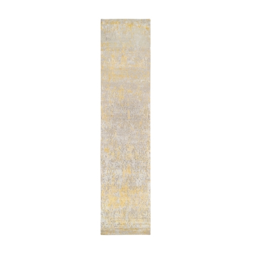Gold, Hand Knotted Abstract Design, Wool and Silk Hi-Low Pile, Runner Oriental 
