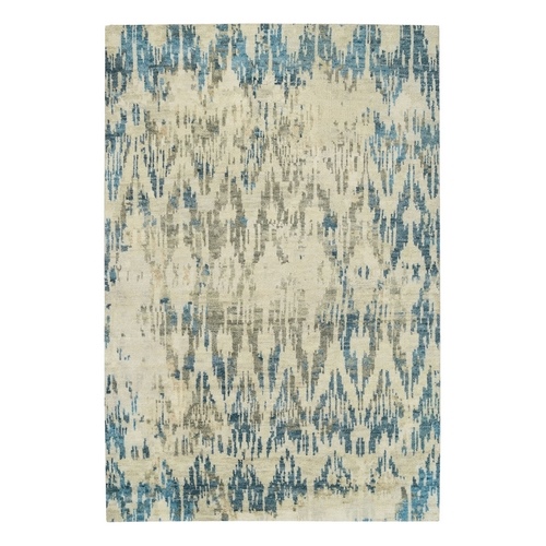 Denim Blue, Pure Wool Thick and Plush Hand Knotted, Supple Collection Erased Ikat Design Oriental 