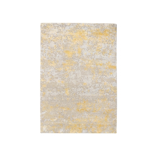 Gold, Hand Knotted Abstract Design, Wool and Silk Hi-Low Pile, Oriental Rug