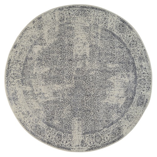 Gray Fine Jacquard with Erased Design Wool and Plant Based Silk Hand Loomed Oriental Round Rug