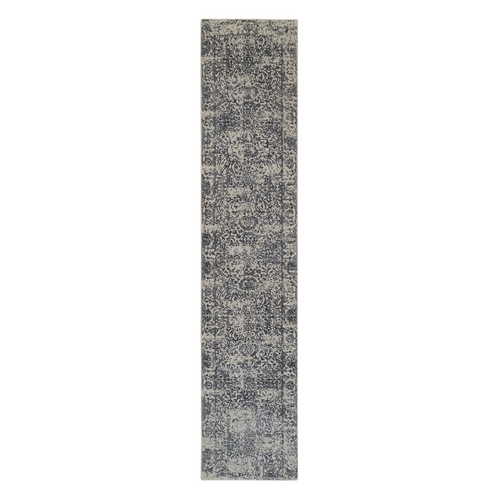 Hand Loomed Gray Fine Jacquard with Erased Design Wool and Plant Based Silk Oriental Runner Rug
