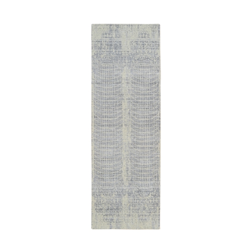 Gray, Tone On Tone Transitional Erased Design, Jacquard Hand Loomed, Wool And Plant Based Silk, Oriental, Runner 