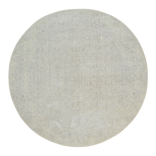 Beige Wool and Plant Based Silk Hand Loomed Fine Jacquard with Erased Design Oriental Round 