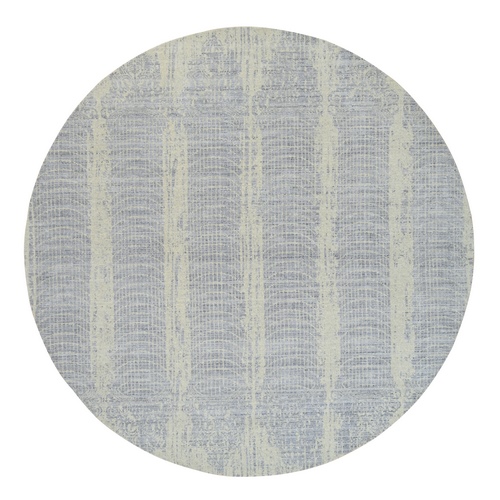 Gray, Tone On Tone Transitional Erased Design, Jacquard Hand Loomed, Wool And Plant Based Silk, Oriental, Round Rug