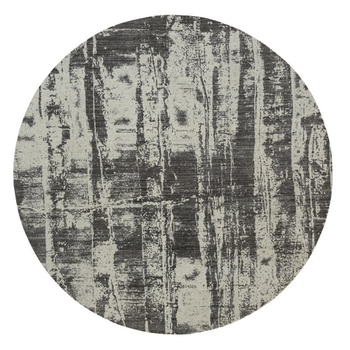 Charcoal Black, Jacquard Hand Loomed, Wool and Plant Based Silk, Tone On Tone, Modern Design, Oriental, Round Rug