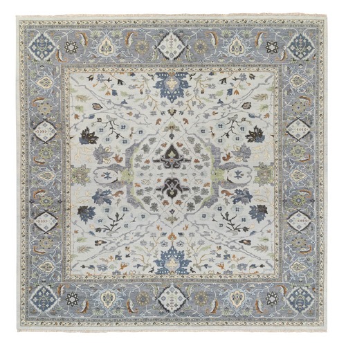 Light Gray, Denser Weave Oushak with Floral Design, Soft Hand Knotted, Wool Oriental Square 