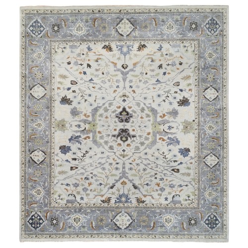 Light Gray, Denser Weave Oushak with Floral Motifs, Pure Wool Hand Knotted, Extra Wide, Oversized Oriental 