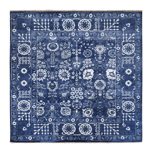 Hand Knotted Wool and Silk Denim Blue Tone On Tone Tabriz with Soft Colors Oriental Square 