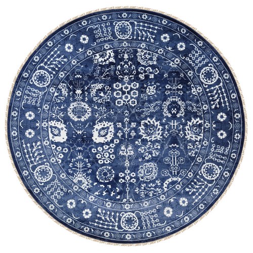 Wool and Silk Denim Blue Tone On Tone Tabriz with All Over Motifs Hand Knotted Oriental Round 