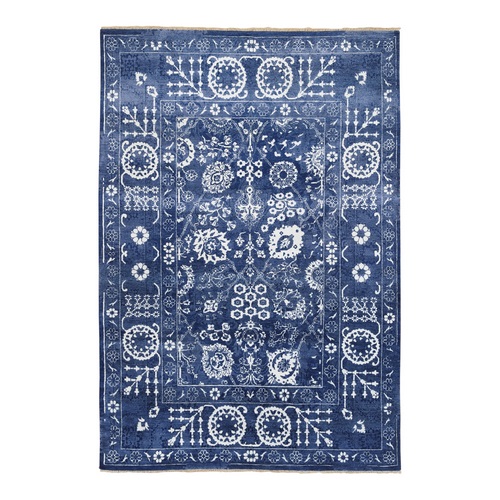 Tone On Tone Tabriz Hand Knotted Wool and Silk Denim Blue Oriental Rug