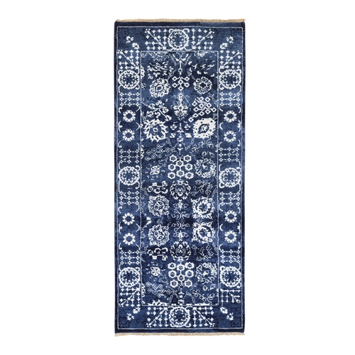 Denim Blue Tone On Tone Tabriz with All Over Motifs Hand Knotted Wool and Silk Oriental Runner Rug