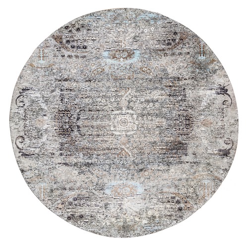 Gray, Hand Knotted, Modern, Transitional Persian Influence Erased Medallion Design, Silk with Textured Wool, Oriental, Round 