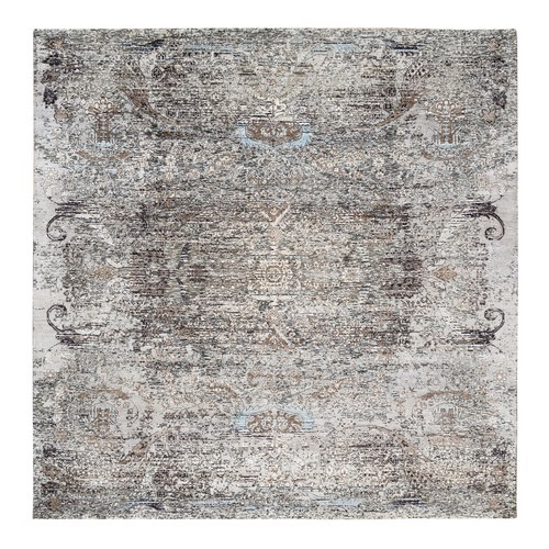 Gray, Hand Knotted, Modern, Transitional Persian Influence Erased Medallion Design, Silk with Textured Wool, Oriental, Square 