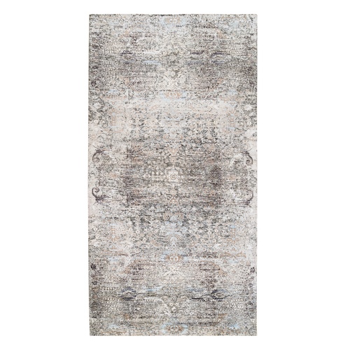 Gray, Silk with Textured Wool, Hand Knotted, Transitional Persian Influence Erased Medallion Design, Oriental, Gallery Size Runner, 