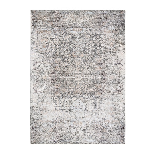 Gray, Silk with Textured Wool, Hand Knotted, Modern, Transitional Persian Influence Erased Medallion Design, Oriental Rug