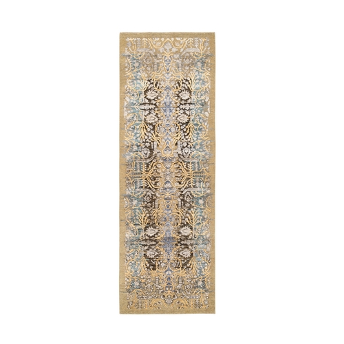 Honey Brown, Silk With Textured Wool, Hand Knotted, Transitional Sarouk, Oriental, Runner Rug