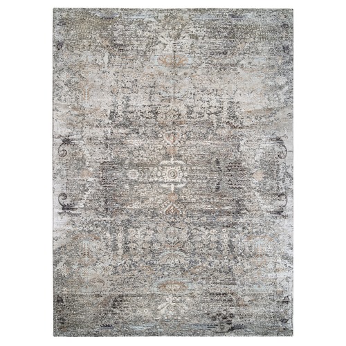 Gray, Transitional Persian Influence Erased Medallion Design, Silk with Textured Wool, Hand Knotted, Modern, Oriental 